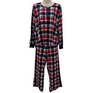 Nautica Womens Navy Red Plaid Print Soft Fleece Pajama Set Size M